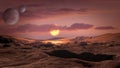 Landscape on planet Mars, scenic desert and rock on the red planet.The sun rises over the horizon.Sunrise.Alien landscape.Elements