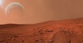 Landscape on planet Mars,scenic desert scene on the red planet.3d illustration.Red planet. Martian surface dust atmosphere.Earth-