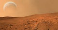 Landscape on planet Mars,scenic desert scene on the red planet.3d illustration.Red planet. Martian surface dust atmosphere.Earth- Royalty Free Stock Photo