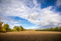 Landscape with plowed field and autumn colored forest under cloudy sky Royalty Free Stock Photo