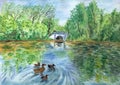 Landscape with a pond, ducks and a bridge. Royalty Free Stock Photo