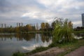 landscape pond sky bad weather reflection house tree bush leaf fall