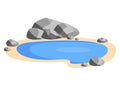 Landscape pond with stones on the shore. Small pool, lake in nature. Outdoor recreation area. Vector illustration