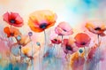 Landscape of poppy fields watercolor. Royalty Free Stock Photo