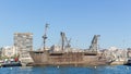 Landscape of the port of alicante with a big ship at the sea with a clear blue sky in alicante, spain