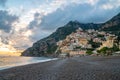 Landscape with Positano town at famous amalfi coast at sunset, Italy