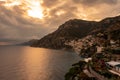 Landscape with Positano town at famous amalfi coast at sunset, Italy Royalty Free Stock Photo