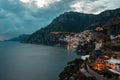 Landscape with Positano town at famous amalfi coast at sunset, Italy Royalty Free Stock Photo