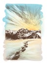 Landscape postcard depicting snowy mountain peaks at sunset