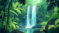 Landscape poster. Rainforest with waterfall, green tropical forest with palm trees, plants. Waterfalls in woods. Serene Royalty Free Stock Photo