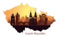 Landscape of Prague with sights. Abstract skyline in the form of a map of the Czech Republic