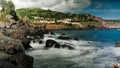 Landscape of Praia do Almoxarife beach at long shutter speed , Faial island, Azores, portugal