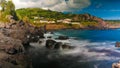 Landscape of Praia do Almoxarife beach at long shutter speed , Faial island, Azores, portugal