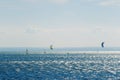 Landscape of the Puck Bay in Poland with windsurfingfloating on the water