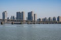 Landscape of Qiantang River Bridge and modern city skyline in Hangzhou, China