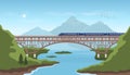 Landscape with railway bridge. Trevel by train. Mountain`s railroad scenery. Modern express locomotive in valley