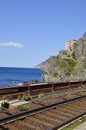 Landscape with Railway on the seaside at Vernazza village resort from Cinque Terre in Italy Royalty Free Stock Photo