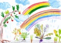 Landscape with rainbow. child drawing. Royalty Free Stock Photo