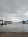 Landscape on a rainy day at Ribeira pier or salt pier in Ovar, ria de Aveiro, Portugal Royalty Free Stock Photo