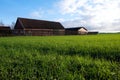 Landscape of red barns in the middle of a lush green field during winter sunlight in southern Sweden