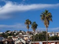 Landscape with red clay tile roofs of small houses up the hillside with palm trees