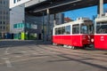 Landscape of red trams on the tracks in Budapest, Hungary