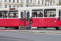 Landscape of red trams on the tracks in Budapest, Hungary