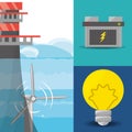 Landscape related with tidal energy, batery and bulb icon