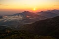 Landscape from Rhodope mountains in Bulgaria during sunset or sunrise. Small chapel and monastery near Borovo