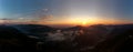 Landscape from Rhodope mountains in Bulgaria during sunset or sunrise. Small chapel and monastery near Borovo, Rhodopes