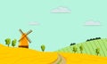 Landscape of ripe wheat field with a windmill, hills and sky. vector illustration in flat style Royalty Free Stock Photo