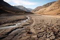 Landscape with river and dry land. Parched riverbed and water scarcity Royalty Free Stock Photo