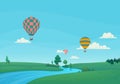 Landscape with river, green meadows, hot air balloons and clouds in the blue sky. Vector illustration. Summer background Royalty Free Stock Photo