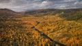 Landscape with river through forest in autumn in Lapland along Wilderness Road in Sweden from above Royalty Free Stock Photo