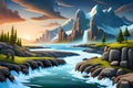 Landscape with river and mountains at sunset, illustration abstract painting, generative ai Royalty Free Stock Photo