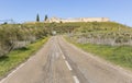 Landscape with a road and the castle in Ouguela, Campo Maior, Portalegre district, Portugal Royalty Free Stock Photo