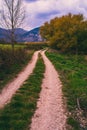 Landscape with road in the countryside in the plain of Rocchetta al Volturno, Molise, with land worked in April, Royalty Free Stock Photo