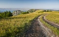 Landscape with a road in a field in the mountains with wildflowers and grass and a river in the background on a summer sunny day Royalty Free Stock Photo