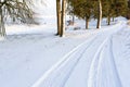 Landscape of road in the forest covered by snow. Car traces in d