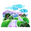 Landscape with road, sea, mountains and sailing ship, watercolor illustration Royalty Free Stock Photo