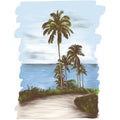 Landscape road through the tropics with palm trees on the side of the sea background Royalty Free Stock Photo