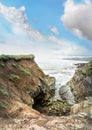 Landscape with rocks and cliffs on hazy cloudy day