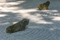 Landscape of rocks on patterned gravel zen Japanese garden Royalty Free Stock Photo