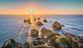 Landscape of rocks in the sea seen from the Nugget Point Lighthouse in New Zealand Royalty Free Stock Photo