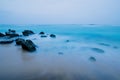 Landscape rocky tropical night beach. Royalty Free Stock Photo