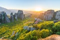 Landscape with Roussanou Monastery and rock formations at sunset, Meteora Royalty Free Stock Photo