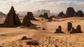 Landscape of a ruin in a desert with some rocky cliff and human path in the sandy desert