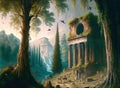 landscape ruins forest trees with birds deer roman temple vintage painting