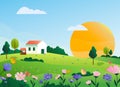 Landscape with a rural house and a well in a flower meadow. Blue sky and sun, trees and flowers.
