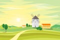 Landscape Rural with Traditional Old Windmill. Vector Royalty Free Stock Photo